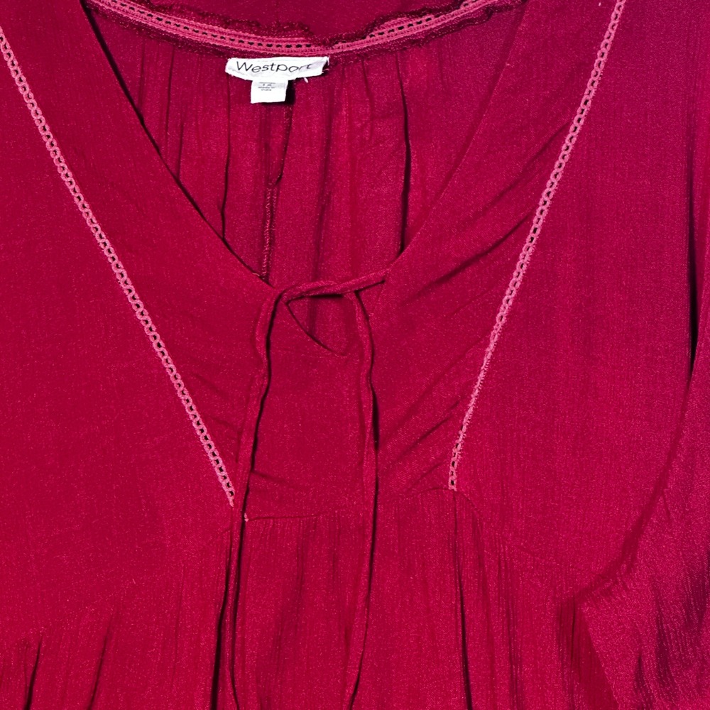 Westport Women's 1X Red Boho Red Peasant Blouse Tie Neck Ruffle Sleeve Comfort - Picture 4 of 16